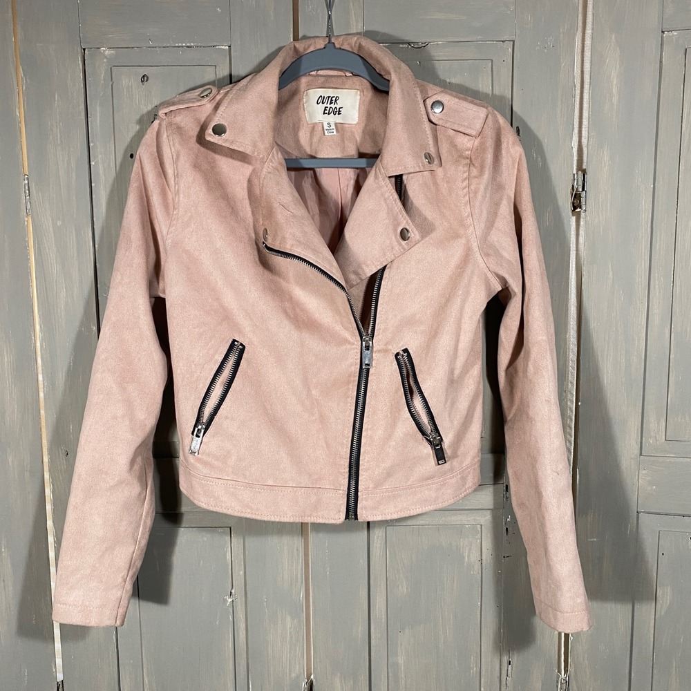 Outer Edge Womens Blush Pink Faux Suede Moto Biker Jacket Small Feminine Soft
